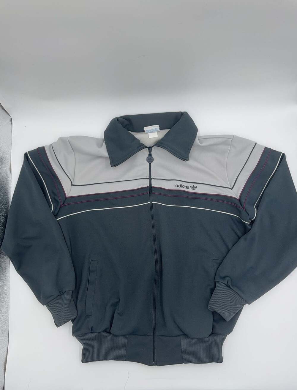 Adidas Track Jacket Large Vintage Trefoil Colorblock Poly‎ Blend Grey Navy 80s